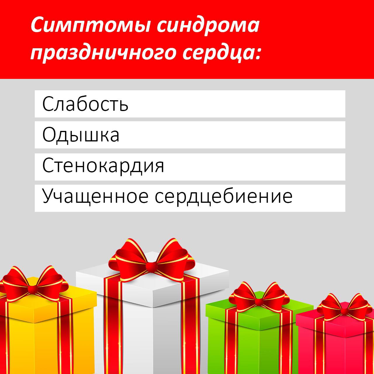 Из-за чего возникает синдром праздничного сердца? Симптомы и профилактика. Узнайте подробнее в карточках