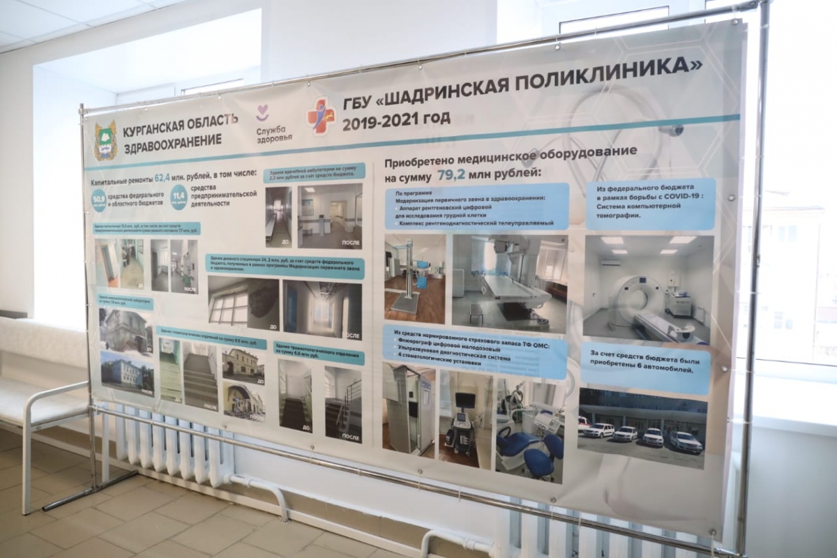 Полпред Владимир Якушев и губернатор Вадим Шумков оценили ремонт здания поликлиники Шадринска