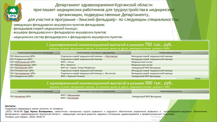 Департамент здравоохранения Курганской области приглашает для трудоустройства по программам "Земский доктор" и "Земский фельдшер"