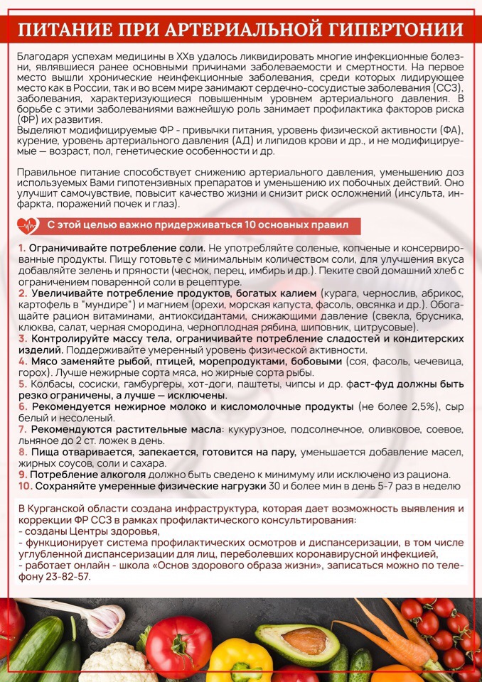 Курганский областной центр медицинской профилактики, лечебной физкультуры и спортивной медицины: 10 основных правил питания при артериальной гипертонии