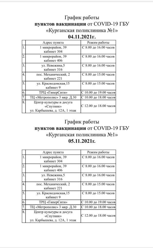 График работы пунктов вакцинации от COVID-19 в ГБУ "Курганская поликлиника 1"